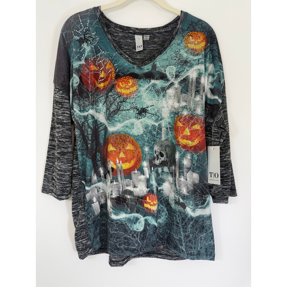 NWT Thomas Olivia Halloween Shirt Large L Rhinestone Pumpkin Skull Spooky Top